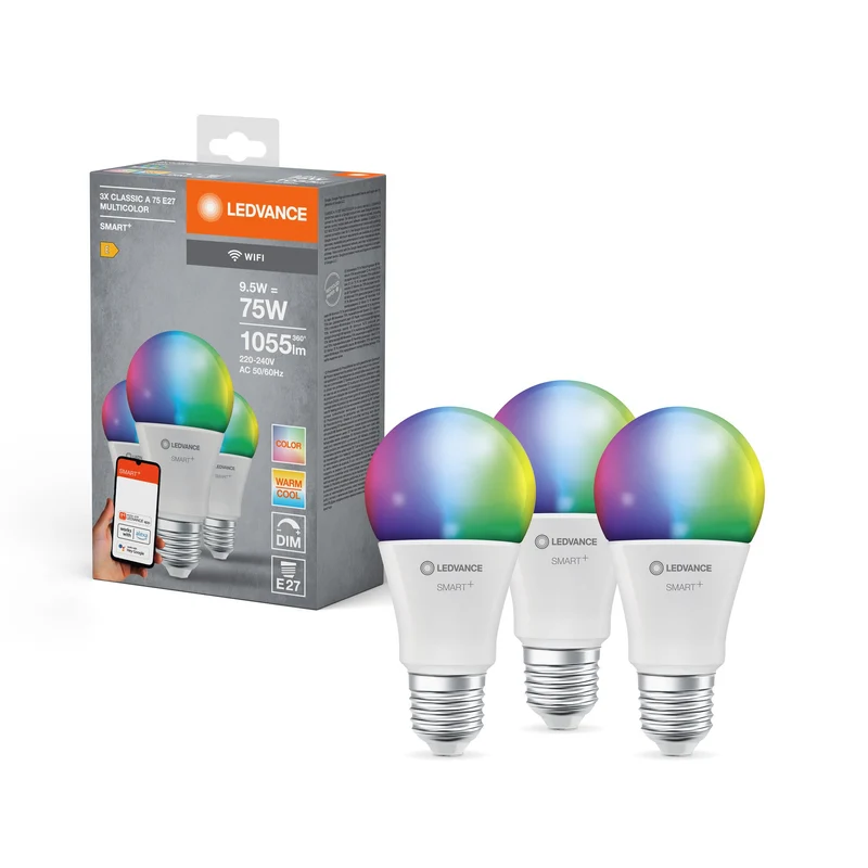 LEDVANCE SMART+ WiFi Classic Multicolour in A-Form, LED-Lampe, Matt, 9,5 W, (ex 75 W), 1055 lm, RGBW, von 2700 bis 6500 K, Wifi, Smartspeaker-Kompatibel, Dimmbar, 3er