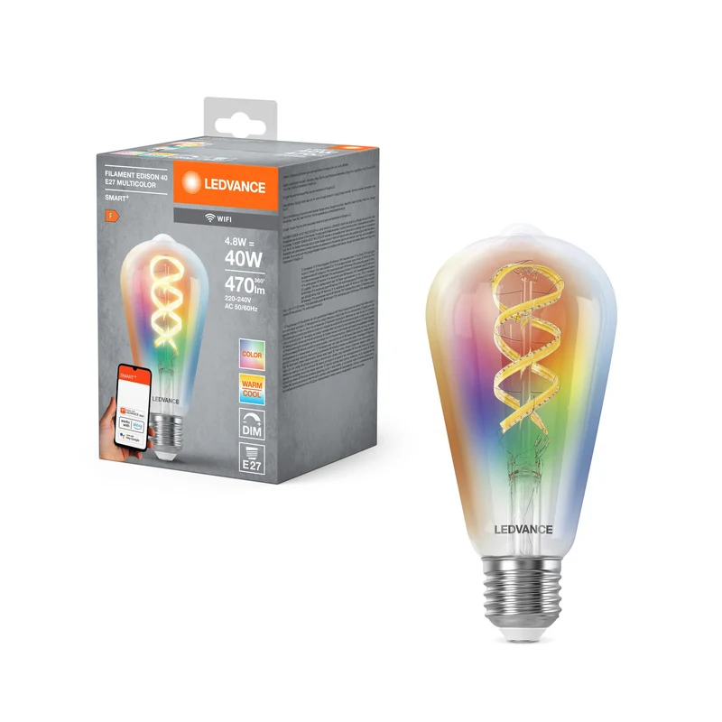 LEDVANCE SMART+WIFI Filament Edison RGBTW , LED-Lampe, Bleifreies Glas, Klar, 4,8 W, (ex 40 W), 470 lm, RGBW, 2700 K, Wifi, Smartspeaker-Kompatibel, Dimmbar