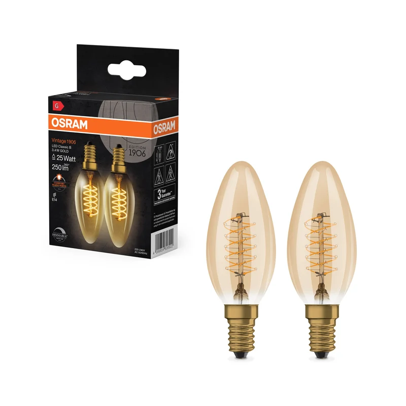 OSRAM Vintage 1906 LED CLASSIC A,B,P SLIM FILAMENT dimmable 3,4W 822 Or E14