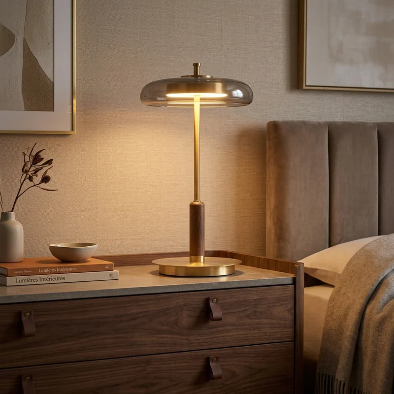 TOCRIS — Lampe de Table en Laiton et Bois pour Salon et Bureau