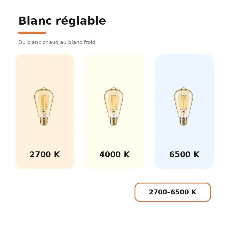 Ampoule LED Filament Connectée Wifi E27 4W Ambrée ST64 CCT - 2700K/6500K - Pack de 10