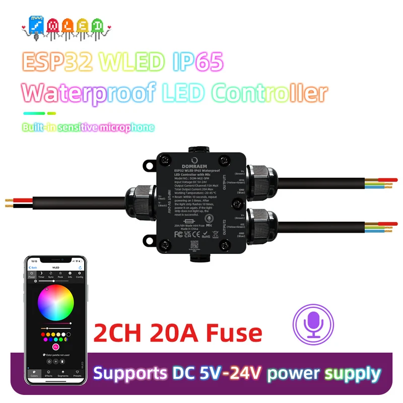 ESP32 WLED IP65 Waterproof Addressable LED Strip Controller | 5V/12V/24V | Single 15A / Dual 20A Output | Music Mic | Home Assistant & Alexa Compatible
