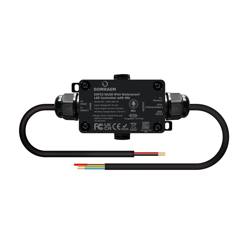 ESP32 WLED IP65 Waterproof Addressable LED Strip Controller | 5V/12V/24V | Single 15A / Dual 20A Output | Music Mic | Home Assistant & Alexa Compatible