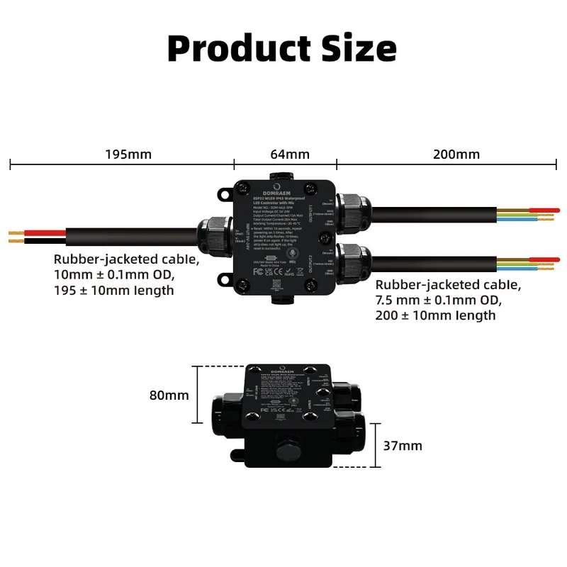 ESP32 WLED IP65 Waterproof Addressable LED Strip Controller | 5V/12V/24V | Single 15A / Dual 20A Output | Music Mic | Home Assistant & Alexa Compatible