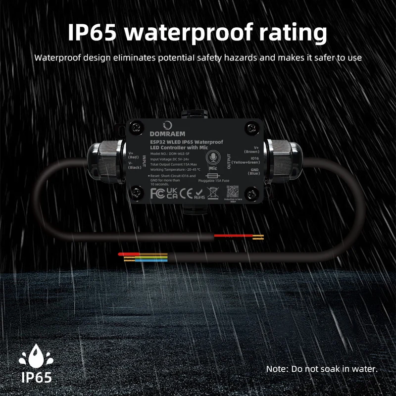 ESP32 WLED IP65 Waterproof Addressable LED Strip Controller | 5V/12V/24V | Single 15A / Dual 20A Output | Music Mic | Home Assistant & Alexa Compatible