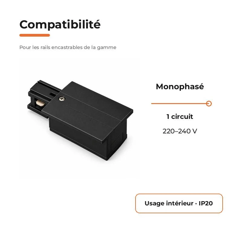 Connecteur d'Alimentation pour Rail Encastrable Monophasé Noir