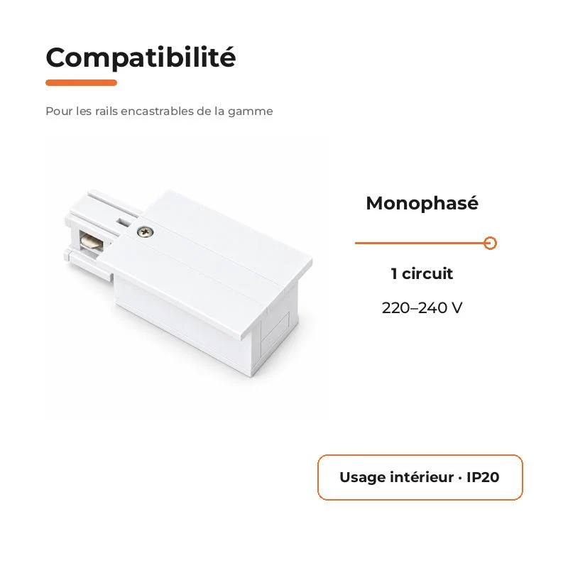 Connecteur d'Alimentation pour Rail Encastrable Monophasé Blanc