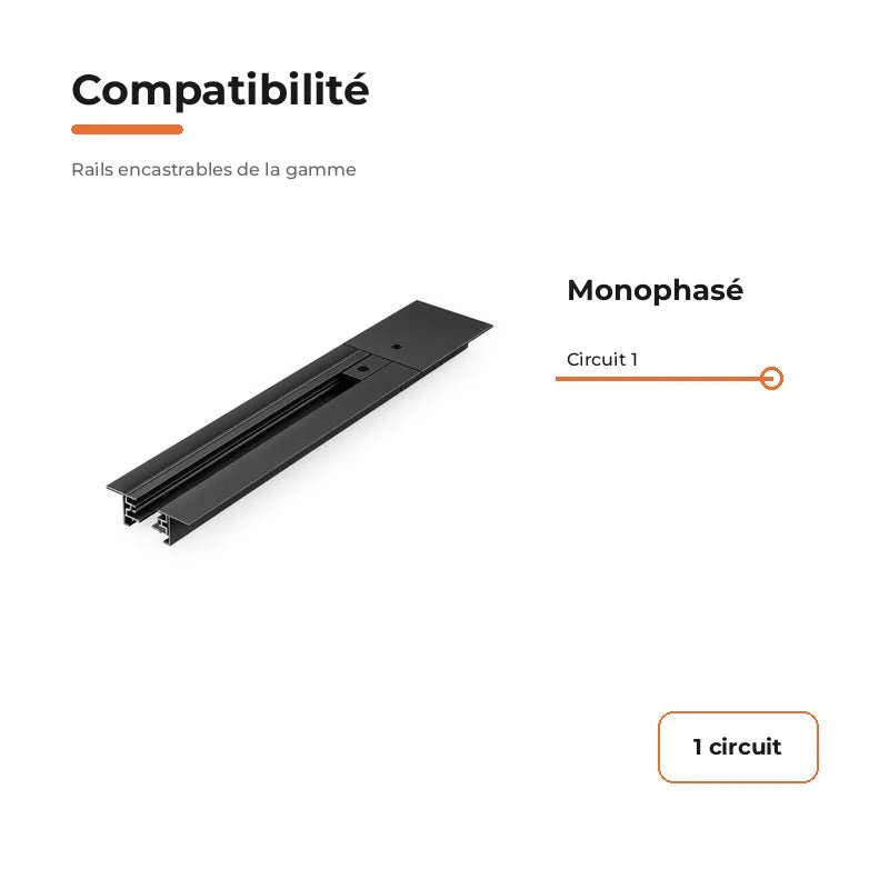 Rail Encastrable Monophasé Plat 1m Noir