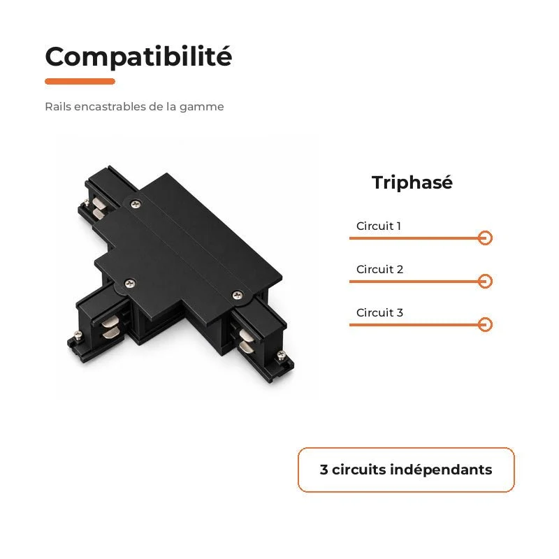 Connecteur T Rail Encastrable Triphasé Noir