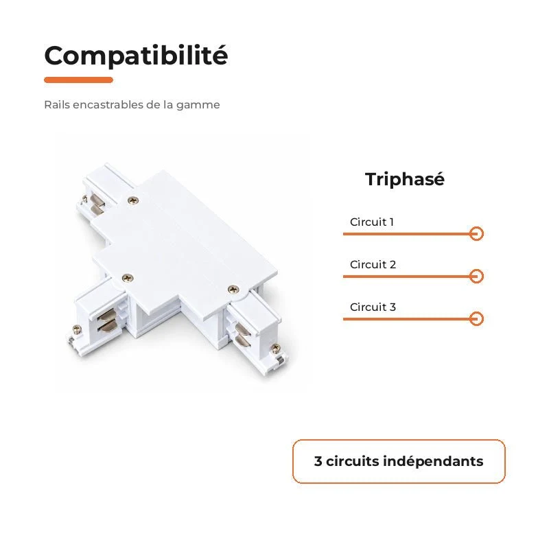 Connecteur T Rail Encastrable Triphasé Blanc