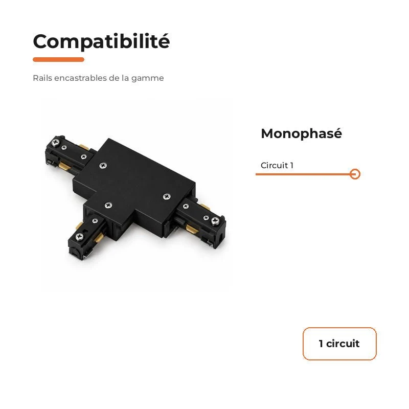 Connecteur T Rail Encastrable Monophasé Noir