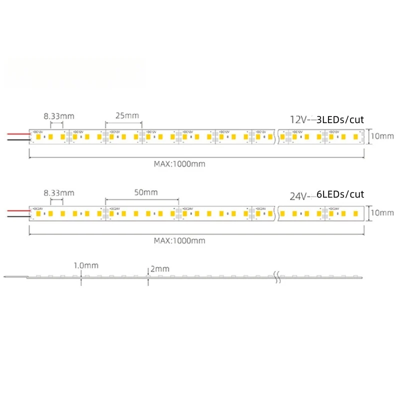 SMD2835 10MM Wide Rigid LED Strip Light – DC12V / 24V | 10mm PCB | 12W/M | 120 LEDs/M | 1Meter Length | Warm White / Natural White / Daylight White / Cool White / Blue / Red / Green | High Brightness Indoor Lighting | 10 / 50PCS