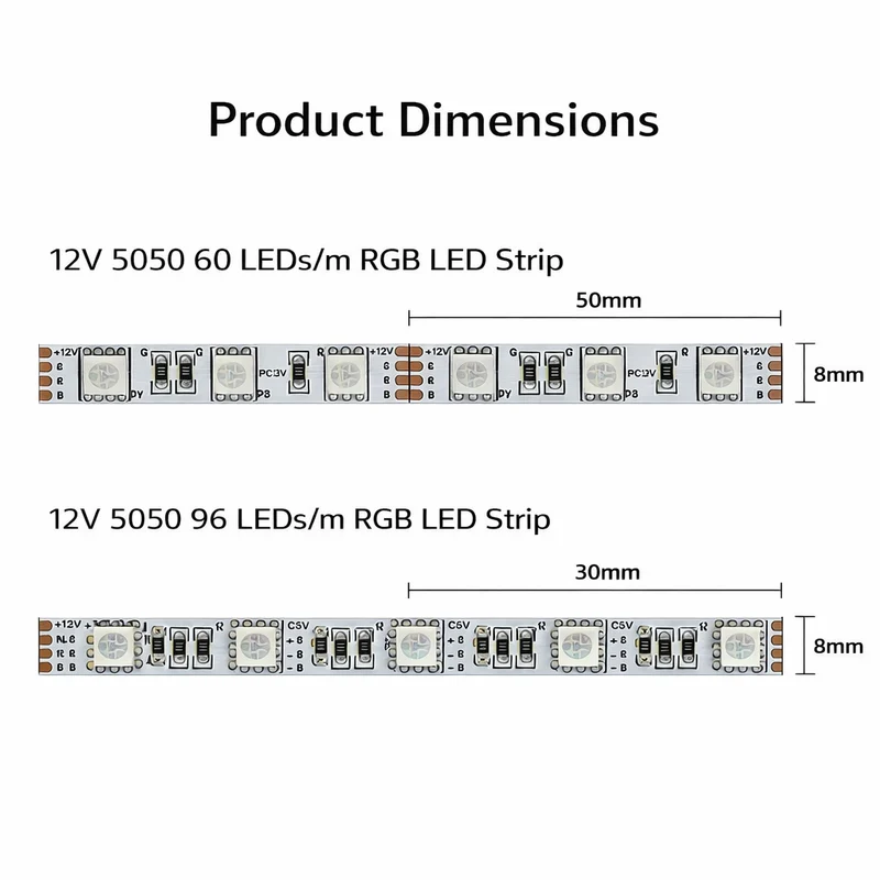 8MM Wide SMD5050 RGB LED Strip Light - DC12V | 60 LEDs/M | 8mm PCB | Non-Waterproof | for Mirror, Kitchen Cabinet, Bedroom | 5/50M