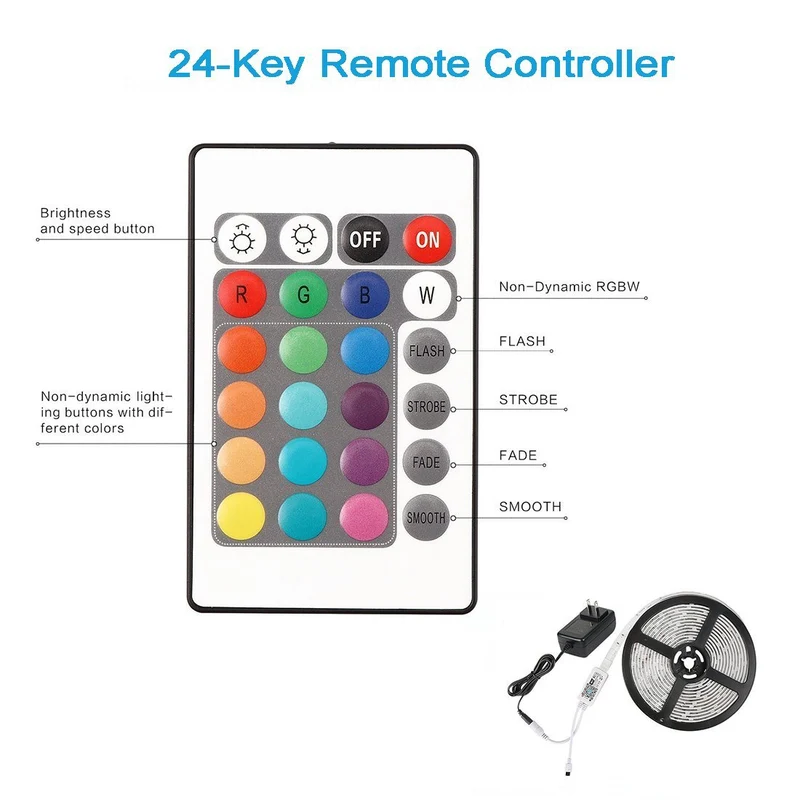 Smart WIFI SMD5050 300LEDs RGB LED Strip Light Kit - DC12V | 60 LEDs/M | 10mm PCB | IP00 / IP65 | 5M | RGB Color Changing LED Strip Lights with Alexa, Google Assistant | App Control & 24 Keys Controller + Power Supply | 5M