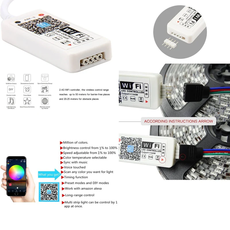 Smart WIFI SMD5050 300LEDs RGB LED Strip Light Kit - DC12V | 60 LEDs/M | 10mm PCB | IP00 / IP65 | 5M | RGB Color Changing LED Strip Lights with Alexa, Google Assistant | App Control & 24 Keys Controller + Power Supply | 5M