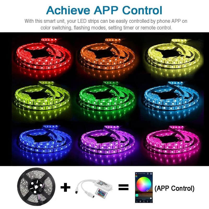 Smart WIFI SMD5050 300LEDs RGB LED Strip Light Kit - DC12V | 60 LEDs/M | 10mm PCB | IP00 / IP65 | 5M | RGB Color Changing LED Strip Lights with Alexa, Google Assistant | App Control & 24 Keys Controller + Power Supply | 5M