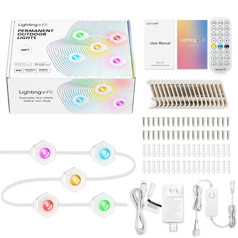 LightingWill OL1 Permanent Outdoor Lights, 50FT/100FT, with Multiple Lighting Modes for Eaves, Gardens, Porches & Outdoor Spaces, LED Soffit Lights, Exterior Eave Lights & House Eave Lights