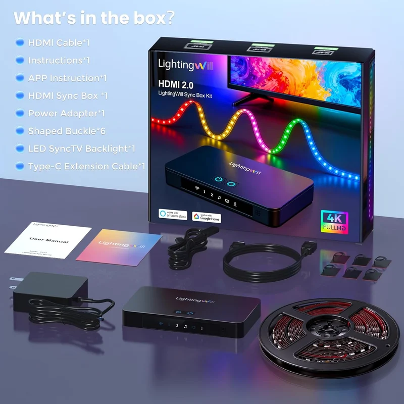 LightingWill CST3 HDMI 2.0 Sync Box TV Backlight Strip Kit - 9.8FT / 12.5FT / 16.4FT Smart RGBIC LED Strip Sync with Screen | Supports 4K@60Hz | 72 LEDs/m |Sync to Movies, Games | Compatible with PS5/Xbox/PC