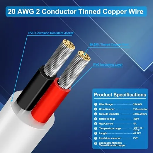20 AWG Electrical Cable, 2/3/4/5 Conductor Stranded Tinned Copper Wire, Black/White PVC Sheathed Flexible Extension Cord for DIY Wiring, 10/20/50m (33ft–165ft) Options