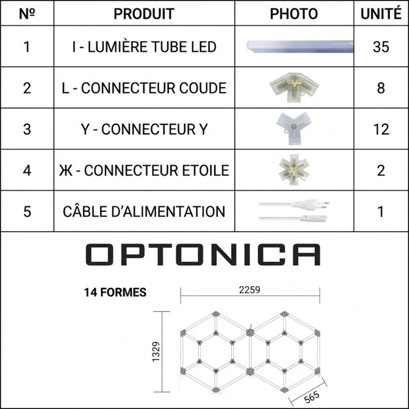Kit 14 LED Hexagonal 315W - Forme Double Hexagone