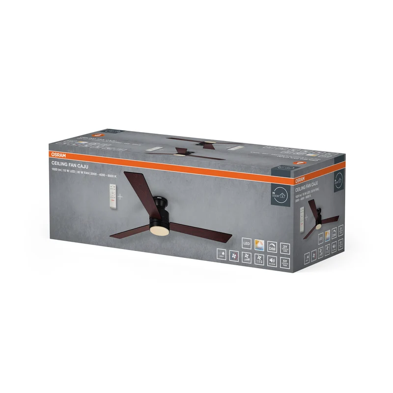 Ventilateur de plafond LED OSRAM Caju, noir-bois, 48W, 1320mm, 1120lm, CCT