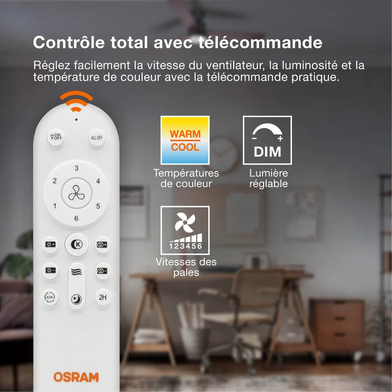 Ventilateur de plafond LED OSRAM Sudestada, blanc, 45 W, 2700-6500 K, 2700 lm, 450 mm, CCT