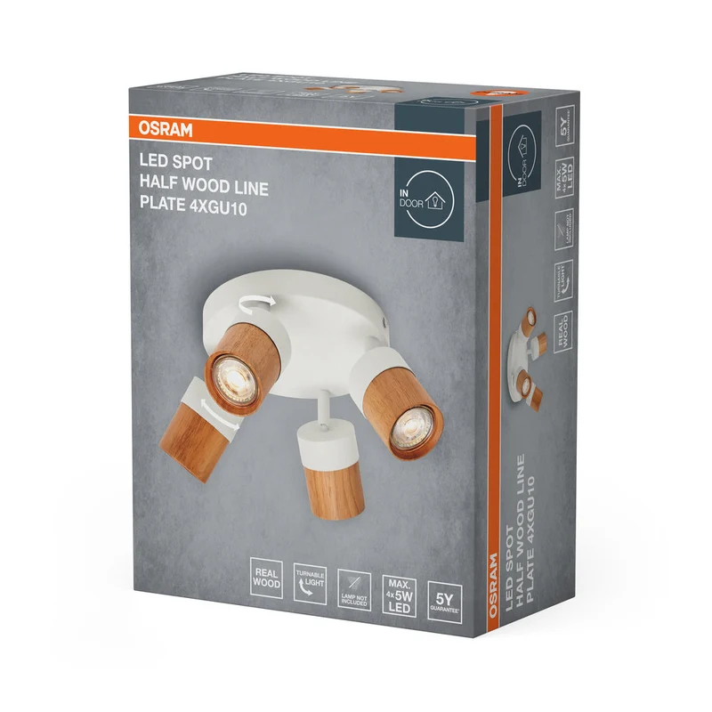 OSRAM LED Spot Half Wood Line Plate lampe à poser 4xGU10 Blanc et décor bois