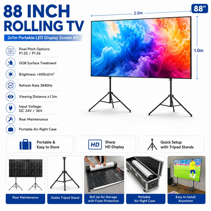 88 Inch Rolling TV P1.25 2x1 Meters 2SQM Portable LED Display Screen Kit