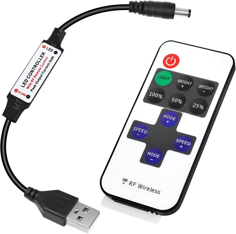 LED Strip Controller – 5V/24V – Black RF Remote with Dimmer Function | For Single Color 5050/3528 Strips