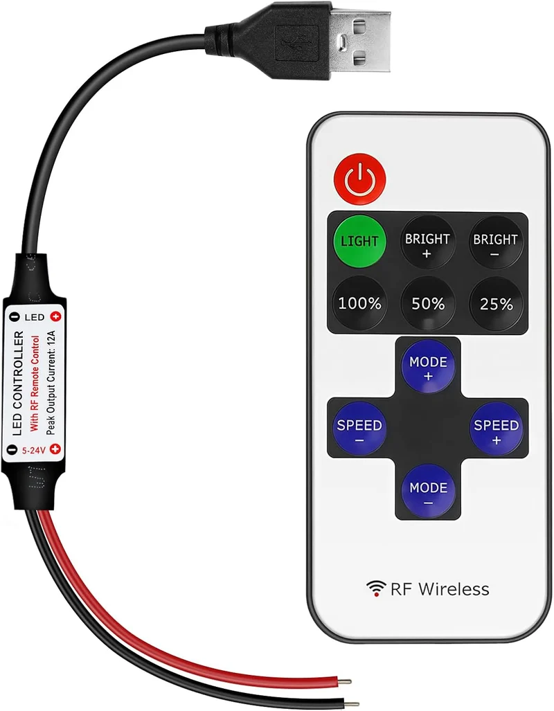LED Strip Controller – 5V/24V – Black RF Remote with Dimmer Function | For Single Color 5050/3528 Strips