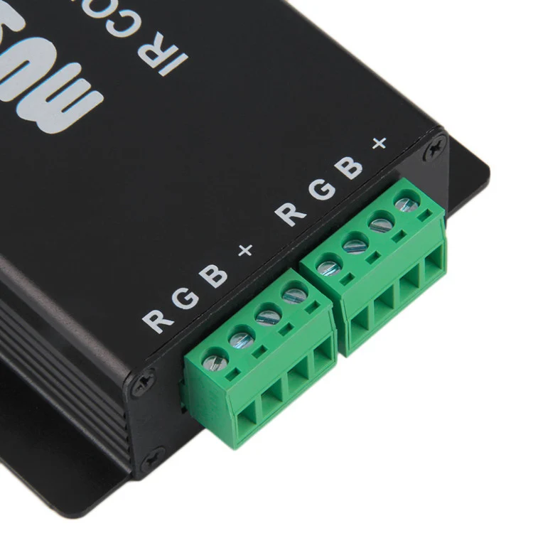 Sound/Music Sensitive RGB LED Strip Controller – DC12V-24V 12A | Black Aluminum Housing Controller with 24-Key IR Remote | For LED Strips