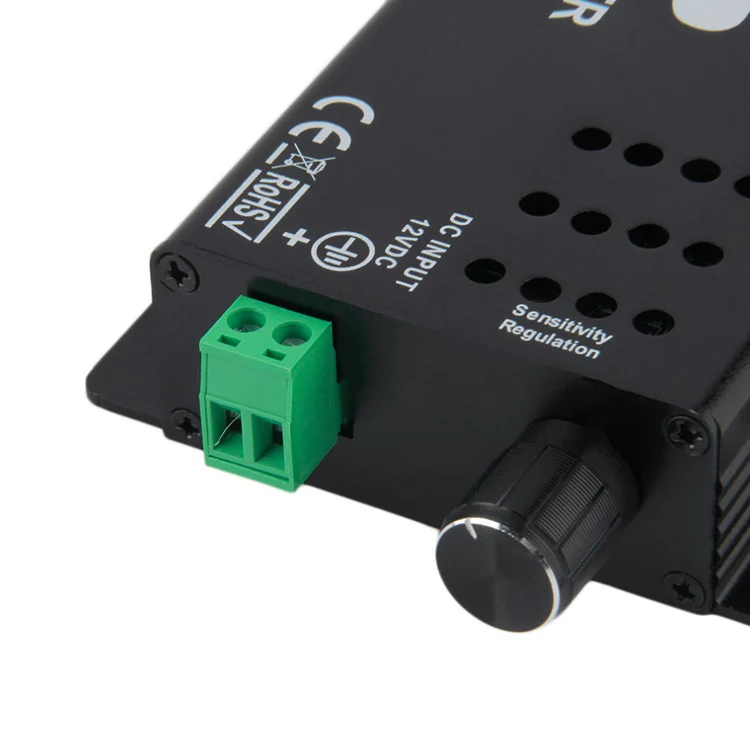 Sound/Music Sensitive RGB LED Strip Controller – DC12V-24V 12A | Black Aluminum Housing Controller with 24-Key IR Remote | For LED Strips