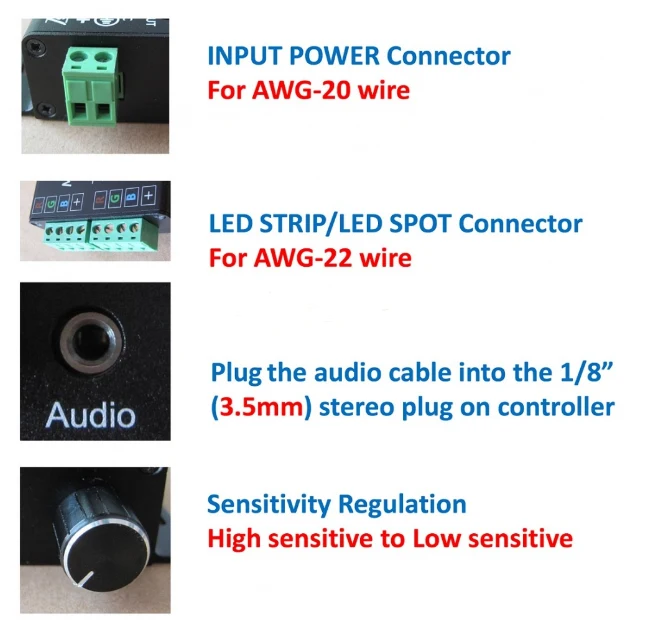 Sound/Music Sensitive RGB LED Strip Controller – DC12V-24V 12A | Black Aluminum Housing Controller with 24-Key IR Remote | For LED Strips