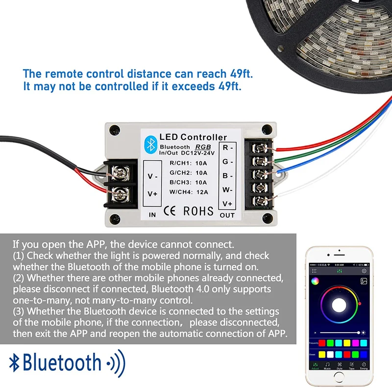 Bluetooth RGB/RGBW LED Strip Controller – DC12V-24V | Smartphone APP Control (iOS & Android) | For LED Strips