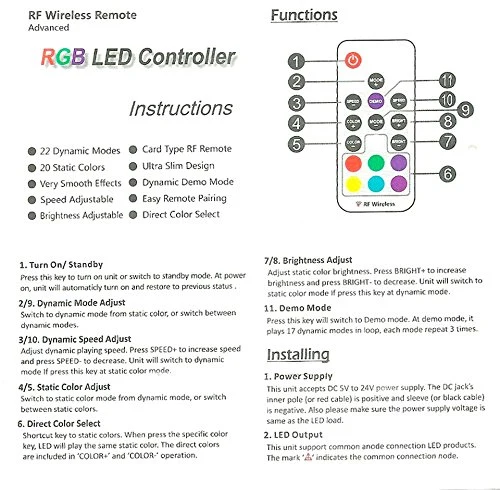 RGB LED Strip Controller – DC5V-24V 12A | Mini RF Wireless RGB Controller with 10-Key / 17-Key Remote | For LED Strips