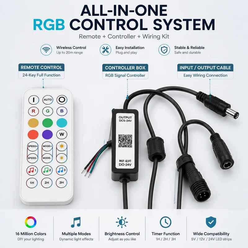 RGB LED Strip Controller – DC5V-24V | Waterproof Wireless RGB Controller with 24-Key Bluetooth Remote | For LED Strips