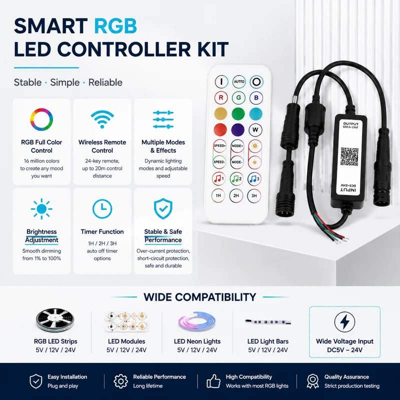 RGB LED Strip Controller – DC5V-24V | Waterproof Wireless RGB Controller with 24-Key Bluetooth Remote | For LED Strips