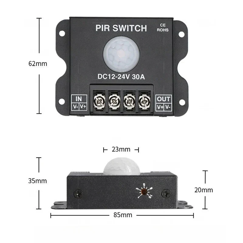Single Color LED Strip Motion Sensor Switch – DC12V-24V 30A | PIR Infrared Motion Detector Controller | For LED Strips