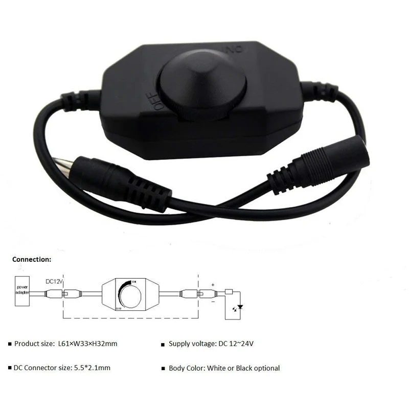 Single Color LED Strip Dimmer – DC12V-24V 6A | Rotary Switch LED Dimmer Controller | Black/Whiter | For LED Strips