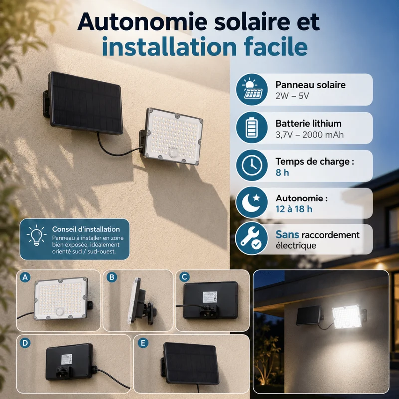 Projecteur Led Solaire Extérieur 9W IP65 3-CCT Détecteur de Lumière et de Mouvement