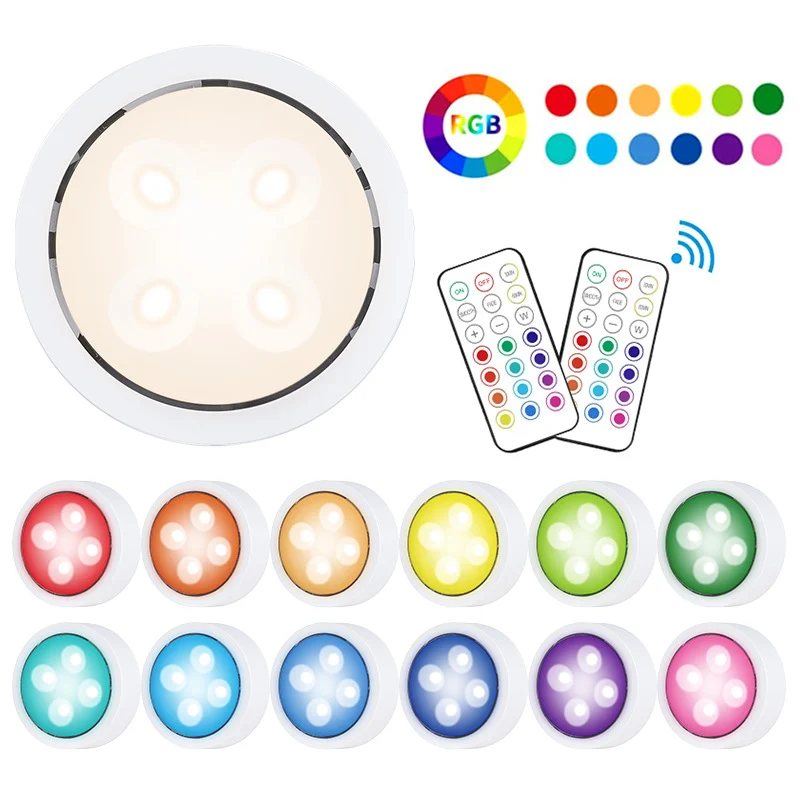 6 Pack LED Puck Lights with Remote, White Finish RGBW Color Changing Under Cabinet Lights Wireless,13 Colors Changeable LED Closet Light Dimmable,AA Battery Operate Push Night Lights with Timer Function