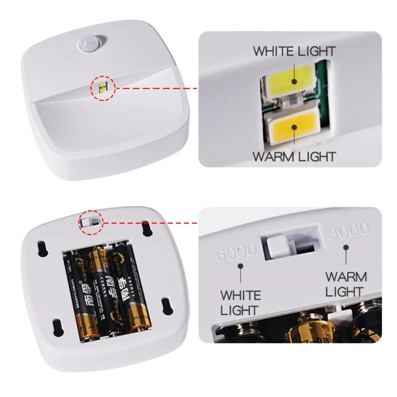 Battery Operated LED Motion Sensor Light - 2 / 3 / 4 / 5 / 6 PCS | Dual White (3000K-6500K Switchable) | Cordless Stick-On LED Night Light for Closet, Hallway, Bathroom, Kitchen, Cabinet(Battery not included)
