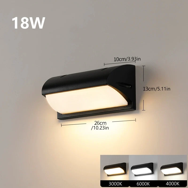 Curved Shield Waterproof LED Wall Light – 18W | 3000K / 4000K / 6000K | Black Housing | Up & Down Outdoor Wall Sconce for Porch, Garden, Balcony & Indoor Decoration | Aluminum Housing | IP65 | 2-Pack