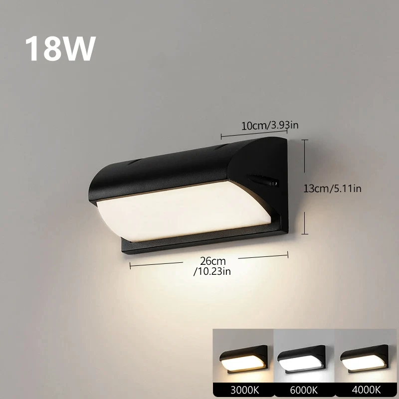 Curved Shield Waterproof LED Wall Light – 18W | 3000K / 4000K / 6000K | Black Housing | Up & Down Outdoor Wall Sconce for Porch, Garden, Balcony & Indoor Decoration | Aluminum Housing | IP65 | 2-Pack