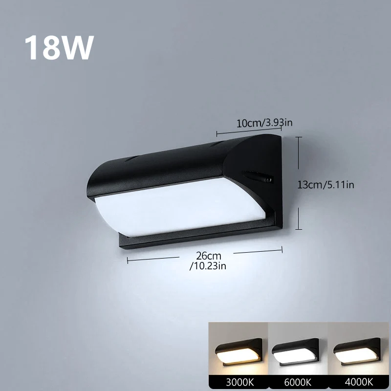 Curved Shield Waterproof LED Wall Light – 18W | 3000K / 4000K / 6000K | Black Housing | Up & Down Outdoor Wall Sconce for Porch, Garden, Balcony & Indoor Decoration | Aluminum Housing | IP65 | 2-Pack