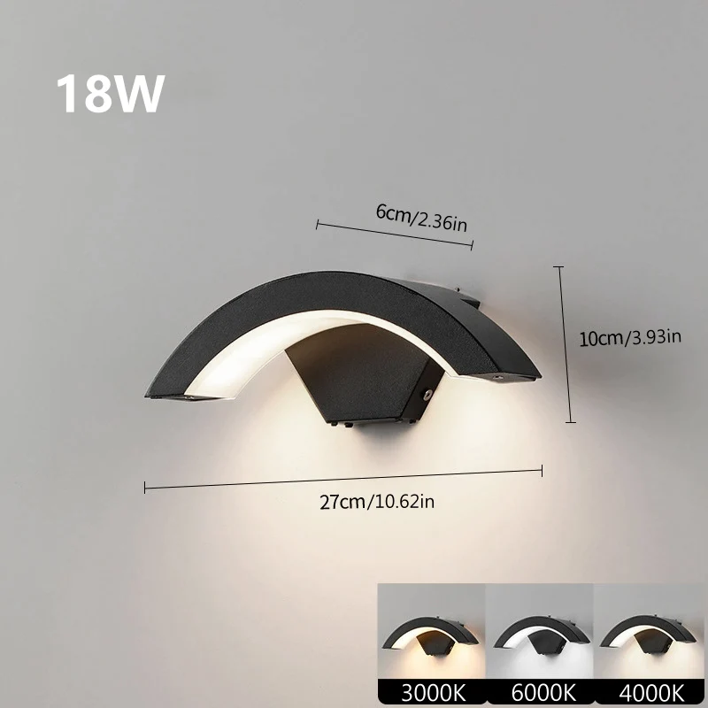 Arc Wave Waterproof LED Wall Light – 18W | 3000K / 4000K / 6000K | Black Housing | Up & Down Outdoor Wall Sconce for Porch, Garden, Balcony & Indoor Decoration | Aluminum Housing | IP65 | 2-Pack