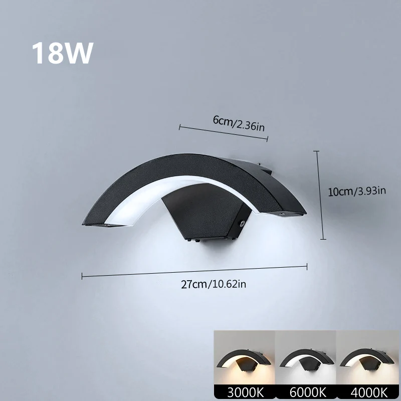 Arc Wave Waterproof LED Wall Light – 18W | 3000K / 4000K / 6000K | Black Housing | Up & Down Outdoor Wall Sconce for Porch, Garden, Balcony & Indoor Decoration | Aluminum Housing | IP65 | 2-Pack