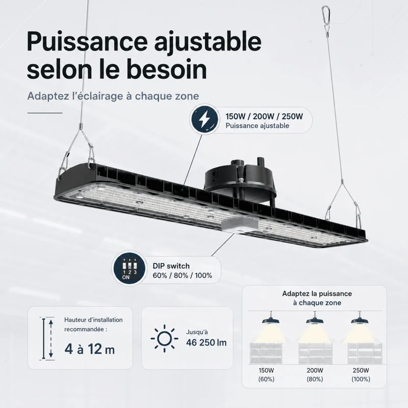 Pack de 6 - Suspension LED industrielle linéaire 150W/200W/250W 185lm/w avec Détecteur de Mouvement - Garantie 5 ans
