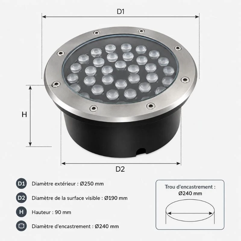 Spot LED Extérieur Encastrable IP67 24V Sol 36W 45°