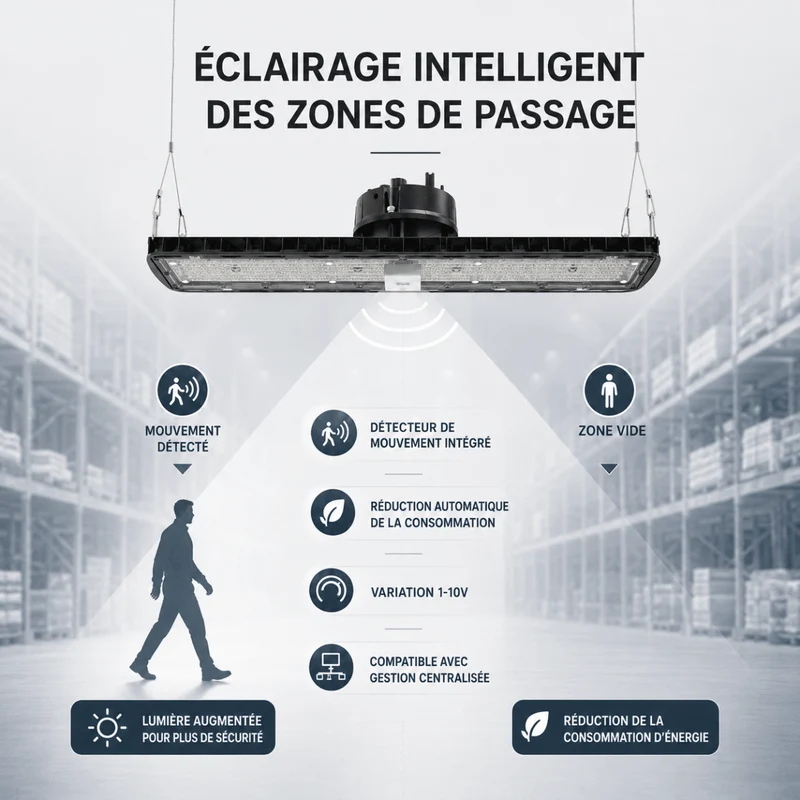 Suspension LED industrielle linéaire 150W/200W/250W 185lm/w avec Détecteur de Mouvement - Garantie 5 ans